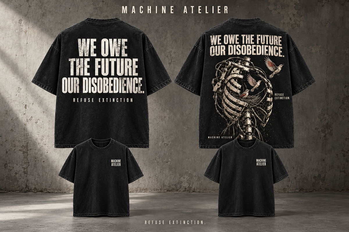Machine Atelier first release concept: washed black T-shirts, bone typography and mechanical ribcage artwork with a nest and birds taking flight.